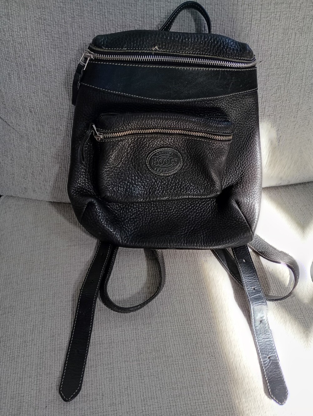 Roots Black Pebbled Leather Backpack with Front Zip Pocket